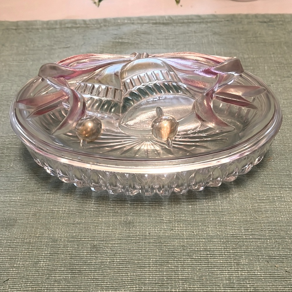 Vintage Cut Glass Oval Christmas Bells Trinket Box w Lid Gold Green Pink